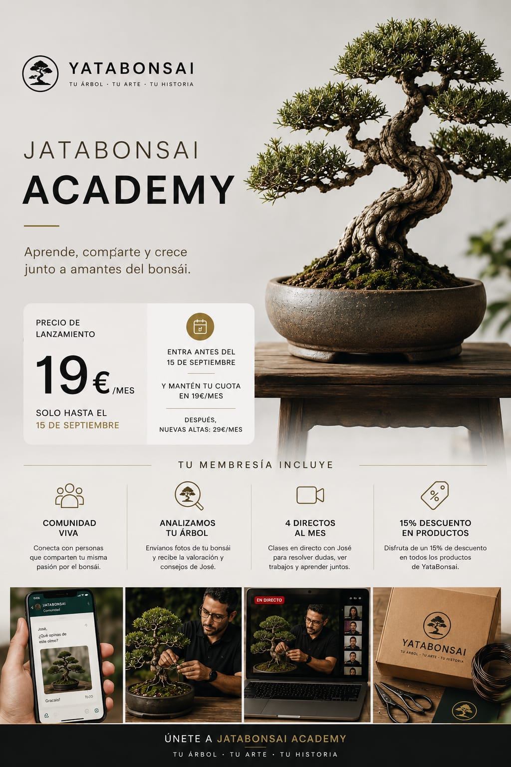 YataBonsai Academy, comunidad online para aprender bonsái con clases en directo y acompañamiento.